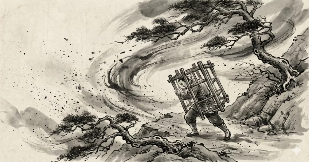 האדם הנאבק וכלוא בתוך מבנה העץ מול הסערה