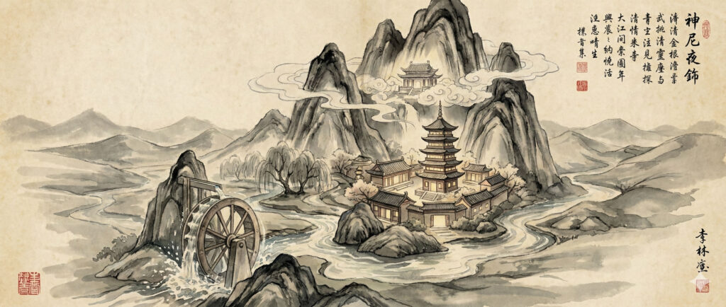 דיאגרמת ה-Nèijīng tú (מפת הנוף הפנימי) המתארת את הערוצים והתהליכים האלכימיים בגוף האדם - מתוך אטלס הנקודות דיקור.